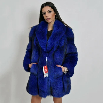 Royal Blue Nekilnojamojo Silver Fox Fur Coat 80cm Ilgio Mados Žiemos Naujų Sveikos Odos Originali Lapės Kailinius Su Atvartas Apykaklės, Prabangūs Paltai