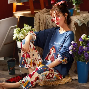Rudenį Kinijos Stiliaus Mėlyna Pižamos Moterų Mielas Dramos Modelis Sleepwear Mados Mergaitė Medvilnės Pijamas Mujer Laisvalaikio Homewear Moterims