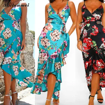 Ruffles Dirželis Moterų Suknelė Gėlių Spausdinti Wrap Aukšto Juosmens Vasaros Suknelė Boho Gėlių Paplūdimio Sundress Atsitiktinis Slim Šalies Ilgos Suknelės