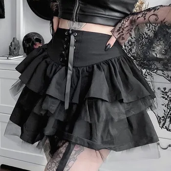 Sexy Juoda Nėrinių & Užtrauktukas Imperijos Juosmens-Line Daugiasluoksnis Kamuolys Suknelė Mini Gothic Lolita Mielas Sijonas Klostuotas Sijonas Moterų 2021