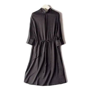Silviye Šilko suknelė šilko temperamentas mažas stovėti apykaklės, vidutinio ilgio Šalis, vidurio rankovėmis suknelė pavasarį ir rudenį 