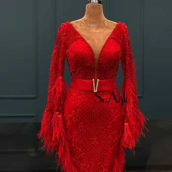 SoAyle Prabangus Raudoną vakarinių Suknelių 2018 V-kaklo, ilgomis Rankovėmis, Vestidos de festa longo Plunksnos Duobute Mados Prom Dresses