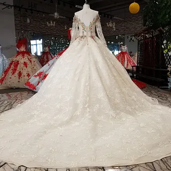 Spalvotas Deimantai, Perlai Nėrinių Vestuvių Suknelės 2020 Naujausias High-end ilgomis Rankovėmis Prabangos Su Traukiniu Vestuvinės Suknelės