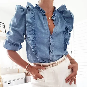 TEELYNN pusė sluoksniuotos ruffles rankovėmis palaidinė marškinėliai moterims 20200 derliaus mėlyna džinsinio audinio top vasaros palaidinės atsitiktinis boho femme blusas