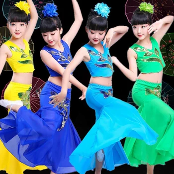 Vaikai Indijos Tradicinių šokių Suknelė Blizgančiais Pilvo Šokio Kostiumas Mergaitėms Povas Vaikai Dai Žuvies Uodega Leotard Mergina Šokių drabužiai