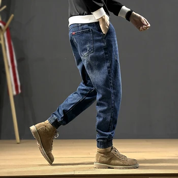 Vyrai Džinsai Mėlyna Palaidi Tinka Spliced Haremas Džinsai Mados Streetwear Homme Krovinių Kelnės Techninis Apačioje Dizaineris Hip-Hop Jogger Džinsai Vyrams