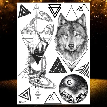 Wolf Mountain Laikinos Tatuiruotės Suaugusiems Vyrams Coyote Geometrinis Tatuiruotės Gėlių Lapus Kūno Menas Armbands Netikrą Medį, Tatuiruotė Trikampis