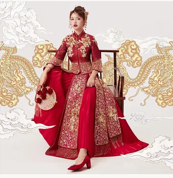 XiuHe Kinijos Senovės Vestuvių Suknelė Moterų Cheongsam Gold Slim Kinijos Tradicinės Hexiu Moterų Qipao už Vestuves