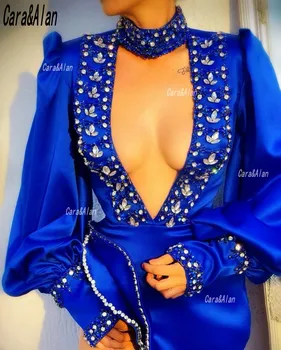 Įžymybė Royal Blue Vakaro Suknelės ilgomis Rankovėmis Zawalcowany Seksualus Giliai V Kaklo Linija, Prom Dress Padalinta Šalis, Chalatai vestido de fiesta