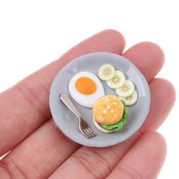 1:12 Miniatiūriniai Pusryčių Rinkinys Hamburger Kiaušinių Patiekalas su padėklu Lėlių Virtuvės Maisto Priedai