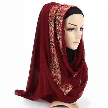 10 vnt moterų nėriniais, šifono šilko aukso karoliukai šalikas blizgučiai gėlių paprasto hijab musulmonų pearl gražus 9 spalvos kaklaskarės/skaros 180*85cm