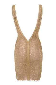 2018 naują atvykimo Elegantiškas aukso Moteris Aukštos Kokybės Kutas Vestido V-Kaklo backless Rankovių Tvarstis Suknelė Įžymybė Šalis suknelė