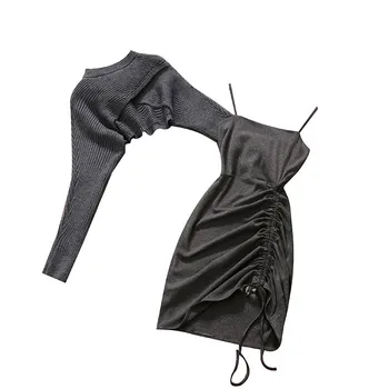 2021 m. Pavasario naujus moteriškus o kaklo, ilgomis rankovėmis megztiniai palaidinės megztinis + dirželis Raišteliu pasakų apvalkalas suknelė dviejų dalių rinkiniai moterims kostiumai