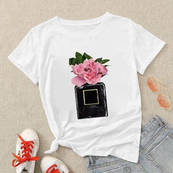 2021 T-shirt Moterims Gėlių Kvepalų Buteliuko Saldus Trumpas Rankovės Kūrybos Streetwear Marškinėlius Vasaros korėjos Mados Drabužius Moteris