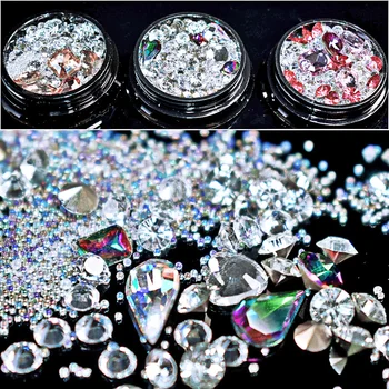 3 Lentelė/daug Nagų Smeigės Crystal Clear 3D Stiklo Diamond Aštrių Apačios, AB Ikrai Mini Granulių Rhinestoens Manikiūras Decora Nail Art 