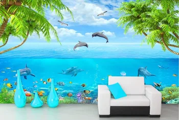 3d pritaikyti tapetai, Mėlynas dangus, balti debesys delfinai povandeninio pasaulio medis freskos 3d tapetai