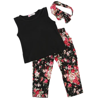 3PCS vasaros urmu rankovių megztinis o-kaklo Vaikų, Mergaičių, Kūdikių Nustatyti Gėlių T-marškinėliai + Kelnės + Lankelis Komplektus Drabužių Amžiaus 2-8T