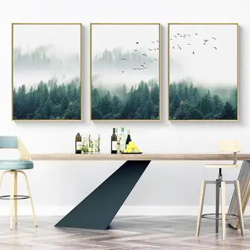 3pcs Šiaurės stiliaus rūko miško paukščių kraštovaizdžio plakatas HD drobė, tapyba, plakatas spausdinimo sienos paveiksl kambarį namų dekoro
