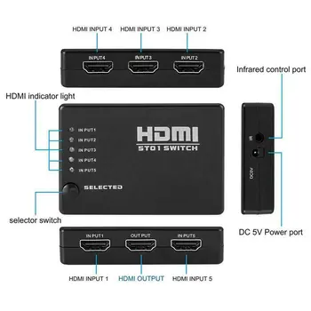 5 Uostą 1080p HDMI Jungiklis Switcher Selektorių Splitter centras su IR Nuotolinio valdymo HDTV IR nuotolinis valdymas 5 uostuose