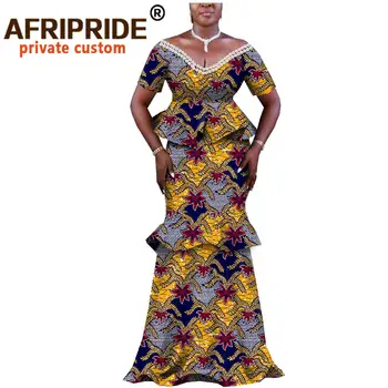 Afrikos maxi šalis suknelė moterims AFRIPRIDE heidi bazin richi trumpomis rankovėmis, grindų ilgis medvilnės moterų suknelė su perlų A1925007