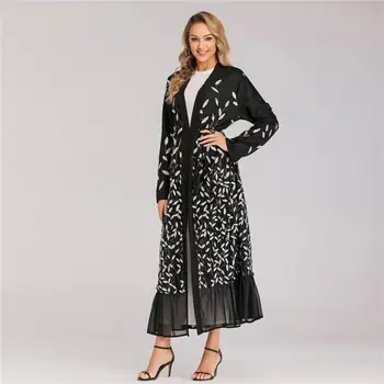 Atvira Moterų Priekiniai Ilgomis Rankovėmis Maxi Suknelė Musulmonų Siuvinėjimo Abaja Dubajus Kaftan Skraiste Megztinis Kimono Islamo Drabužių Arabų Suknelė Nauja