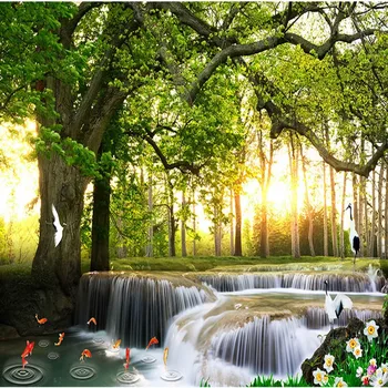 Drop Laivyba Užsakymą 3D Tekančio Vandens Foną Green Tree Tapetai, 3d Gamta Tapetai Sienos Freskos Foto Tapetai