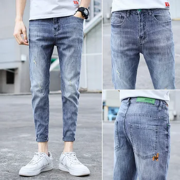 Džinsinio džinsus vyrų vasaros 2021Fashion paauglių prekės ruožas korėjos jaunų vyrų atsitiktinis pieštuku kelnes kankina skylių pieštuku kelnės