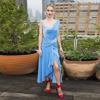 Elegantiškas Tekstūra Sky Blue Velvet Kokteilių Suknelės Nereguliarus Rankovėmis Mados Dizaino Klostes Šalis Suknelės Arbata Ilgis
