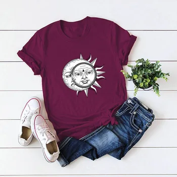 Europos Stiliaus Moteris Marškinėlius Mados Mėnulis Saulės Spausdinimo Tee Viršų Moteriška T Shirt Marškinėliai Moterims Goth Tee