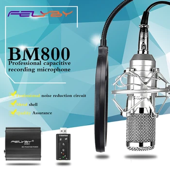 FELYBY profesinės kondensatoriaus mikrofonas, bm800 48V phantom power USB garso plokštę studija mikrofonas KTV karaoke mikrofonas