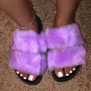 Geriausių pardavėjų moterų batai imitacija fox fur skaidres moteriški platforminiai batai vientisos spalvos pūkuotas skaidres moterims lauko moteris šlepetė