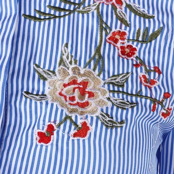 Gėlių Siuvinėjimas Palaidinė Moterims 2019 Mados Mėlyna Ir Balta Dryžuotas Marškinėliai Ilgomis Rankovėmis Korėjos Stiliaus Medvilnės Atsitiktinis Marškinėliai Moterims