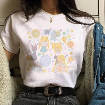 Harajuku Kawaii Sailor Moon Animacinių filmų Print T-shirt 90s Estetinės Moteriški Marškinėliai Basic Atsitiktinis Tshirts Viršūnes Prarasti Plius Dydžio Trišakius