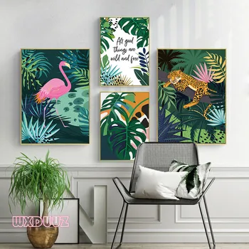 HD paprasta šiaurės tropinių miškų augalų flamingo leopard ranka-dažytos mažų šviežių dekoratyvinės tapybos drobė medžiagos plakatas