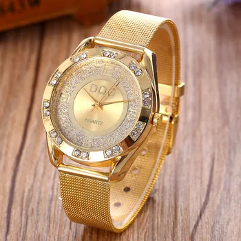 Karšto Pardavimo Moterų kalnų krištolas Nerūdijančio Plieno Suknelė Laikrodžiai Gold Crystal Atsitiktinis Kvarco Žiūrėti reloj mujer Laikrodis montres femmes