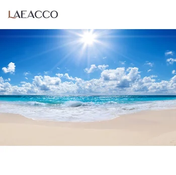 Laeacco Vasaros Backdrops Fotografijos Atogrąžų Jūros Paplūdimio Smėlio Pakrantė Mėlynas Dangus Apsiniaukęs Vaizdingos Foto Fone Fotostudija