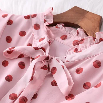 Mados Dizaineris Vasaros Suknelė 2019 Moterų Elegantiškas Lankas Apykaklę, Trumpas Rankovės Raukiniai Dot Spausdinti Rožinės spalvos Klostuotas Šifono Suknelė skraiste femme