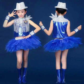 Mergaitė ir berniukas blizgučiai bling vykdymo etapą Džiazo Šokio kostiumas vaikų džiazo, Šiuolaikinio Šokio suknelė su skrybėle JQ-325