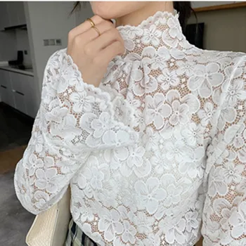 Moterų Nėrinių Palaidinė Elegantiškas Oficialų Siuvinėjimo Ilgomis Rankovėmis Balti Marškiniai 
