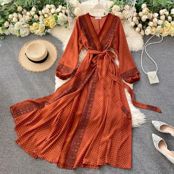 Moterų pavasarį, rudenį dot spausdinti v-kaklo, ilgomis rankovėmis ilgą šifono suknelę moteris plonas diržas prabangus paplūdimio suknelė TB1149
