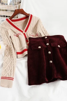 Naujas produktas, lengvai virti cardigan megztinis mezgimo megztinis viršuje velvetas sijonas mados dviejų dalių moterų