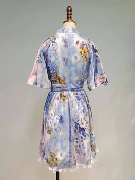 Podiumo retro stiliaus spausdinti plisuotos apvalios kaklo kaklaraištis juosmens, palaidi suknelė ponios pavasarį naują stilių asmenybės didelis hem Sluoksniuotos sijonas