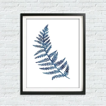 Rašalo mėlyna paparčio spausdinimo spalva indigo lapų augalų meno drobė plakatas, rašalo mėlyna eukalipto lapų dažymas šeimos sienų apdaila