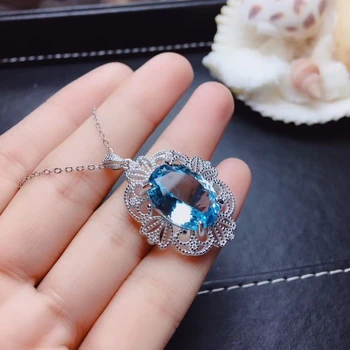 S925 sidabro gamtos mėlynas topazas karoliai natūralus akmuo pakabukas Elegantiška, didelis, Prabangus, Retro moteris, mergina šalis dovana fine jewelry