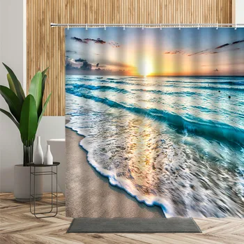 Saulėlydžio Jūros Kraštovaizdžio Dušo Užuolaidos Paplūdimio 3D Vonios kambarys Dekoro Sutemų Natūralios Dekoracijos, Sienų Apdaila Dažymas Audinio Vonios Užuolaidos