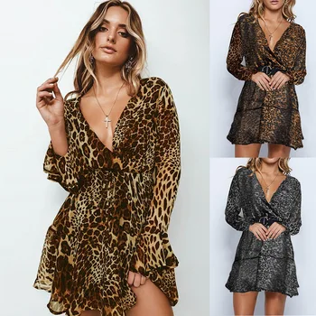 Stilius naują stilių, naują atvykimo seksualus v-kaklo suknelė virš kelio mini apvalkalą slim blyksnius rankovės varčias leopardas spausdinti šifono moteriška suknelė