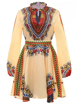 Vestido De Verano Derliaus Dashiki Tradicinių Spausdinimo Mini Suknelė Rakto Skylutę, Priekiniai Ilgomis Rankovėmis Varčias Linijos, Suknelės Moterų Plius Dydis
