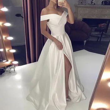 Vestuvių Suknelės 2020 Satino nuo Pečių Vestuvių Suknelė Teisę Padalinti Backless vestido de noiva užsakymą suknia slubna