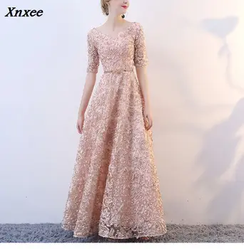 Xnxee V-kaklo Pusė Rankovių Gėlės-line Derliaus Elegantiškas Nėrinių Šalis Frocks Suknelės Grindų Ilgis Suknelės Xnxee