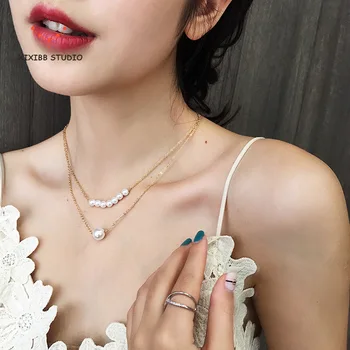 Yuan 2020 Ins raudona paprasta dvigubo sluoksnio perlų vėrinį moterų clavicle grandinėje trumpas kaklo Choker papuošalai pakabukas